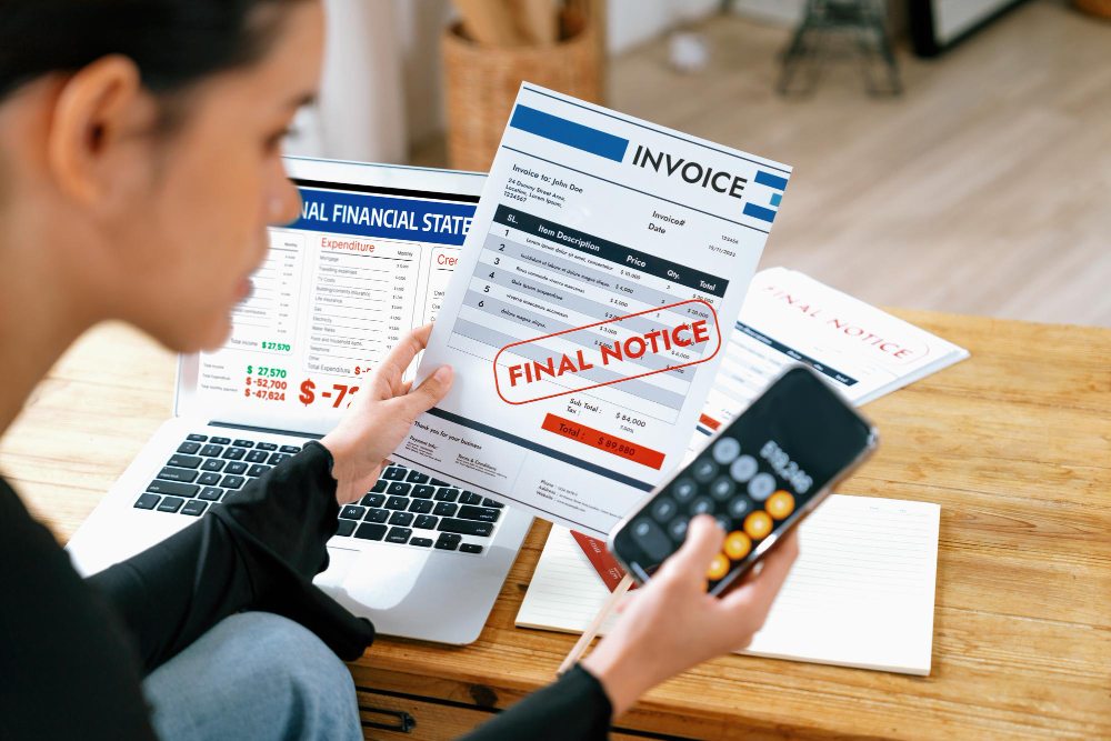 businesswoman reviewing overdue payment notice
