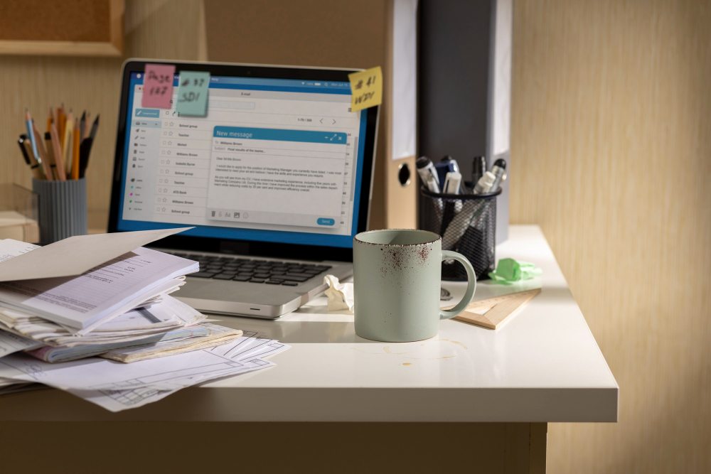 Professional sending payment reminder on laptop