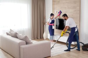 Professional cleaning team cleaning a modern apartment living room