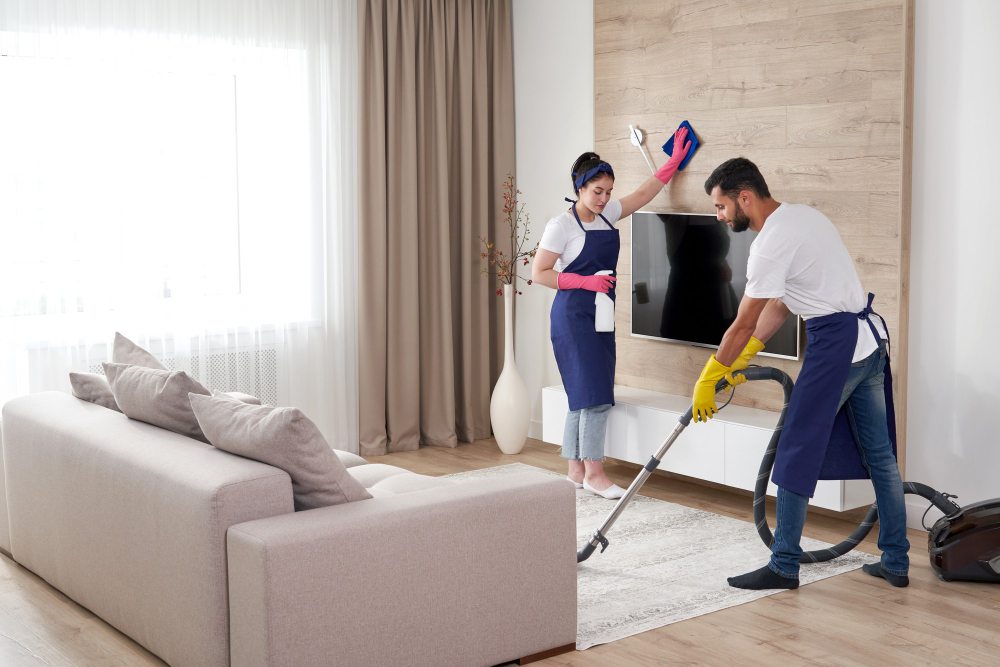 Professional cleaning team cleaning a modern apartment living room