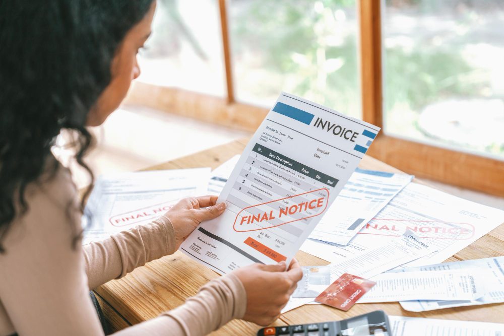 Woman stressed about unpaid invoice and late payment notice