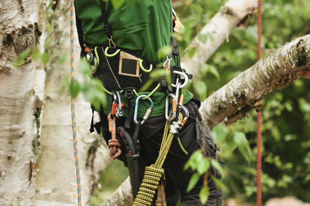 arborist using safety harness to climb a tree