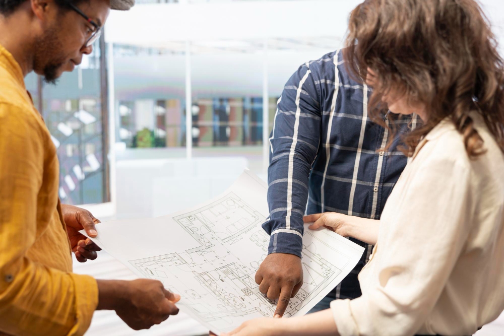 Construction contractor reviewing building blueprints
