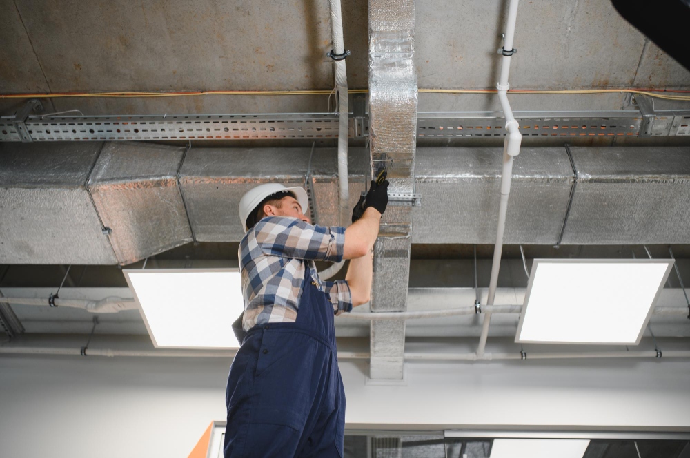 contractor inspecting ventilation ductwork