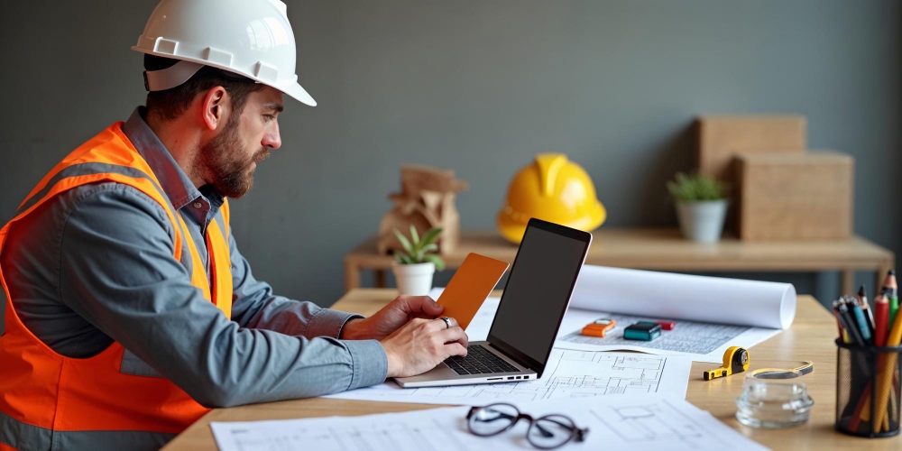 Business owner reviewing documents and finances on laptop