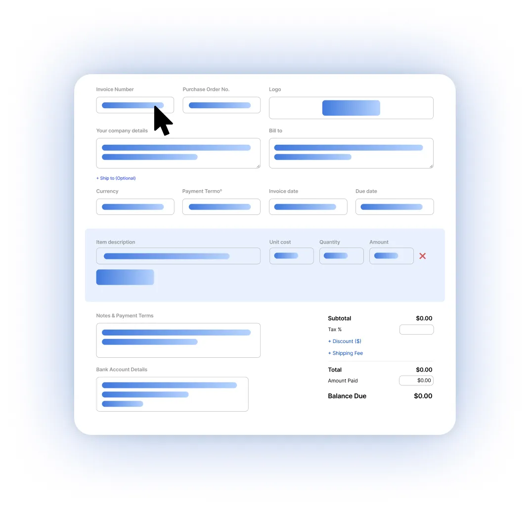 Invoice form with items, taxes and totals