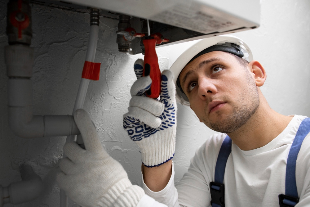 HVAC technician repairing furnace heating system