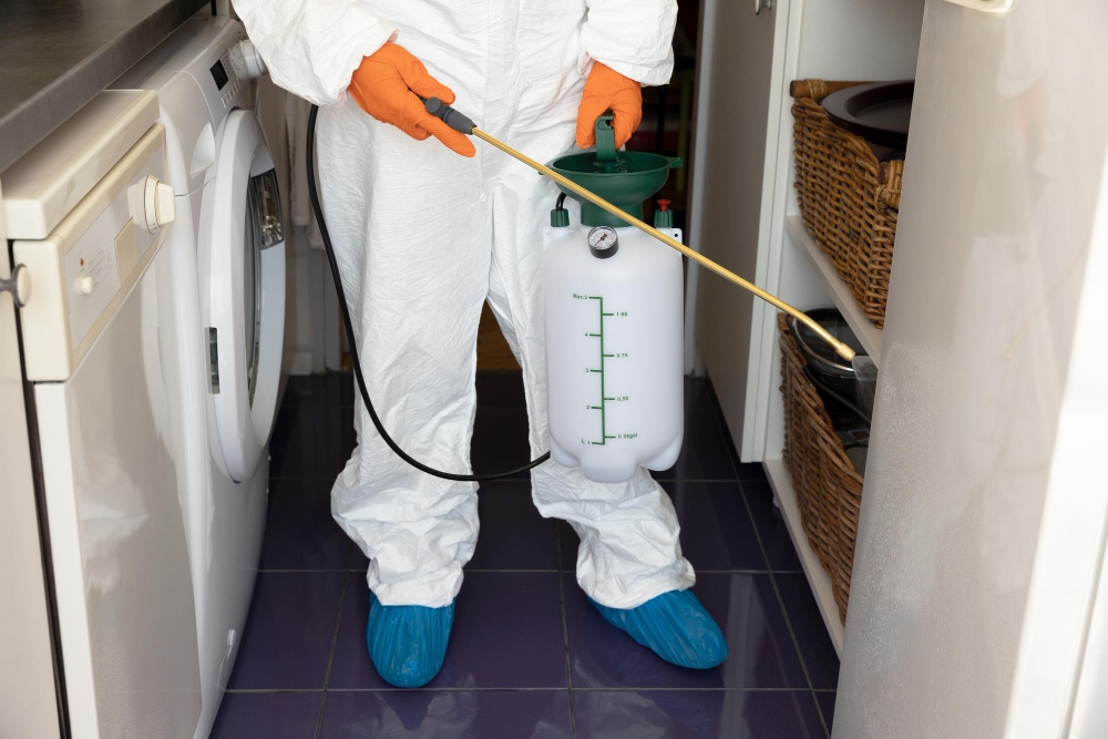 Pest control technician treating interior space during inspection or service