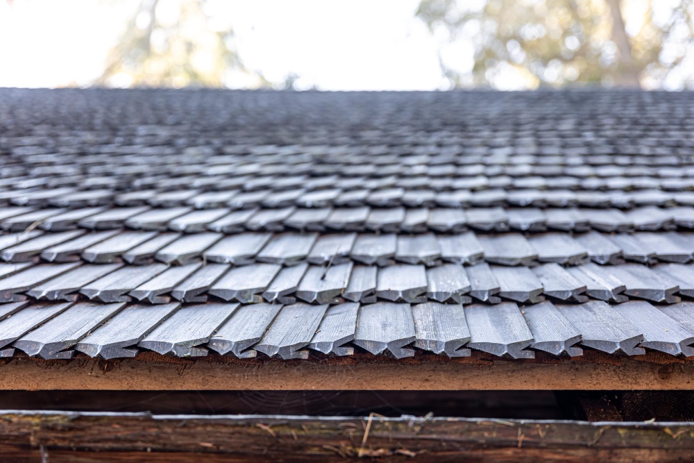 Close-up of wooden roof shingles used in roofing materials