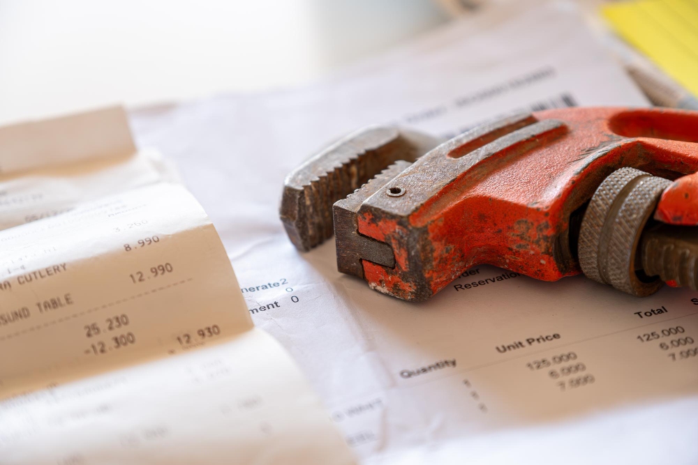 Herramientas de reparación junto a la factura que muestran el importe total del pago