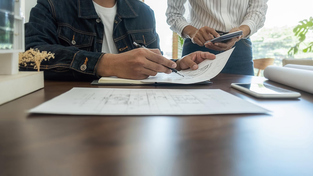 Contractor explaining construction contract terms to homeowner
