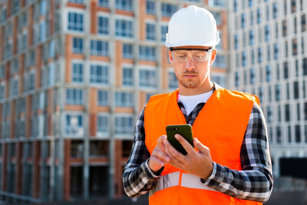 Engineer using smartphone on site to manage estimates
