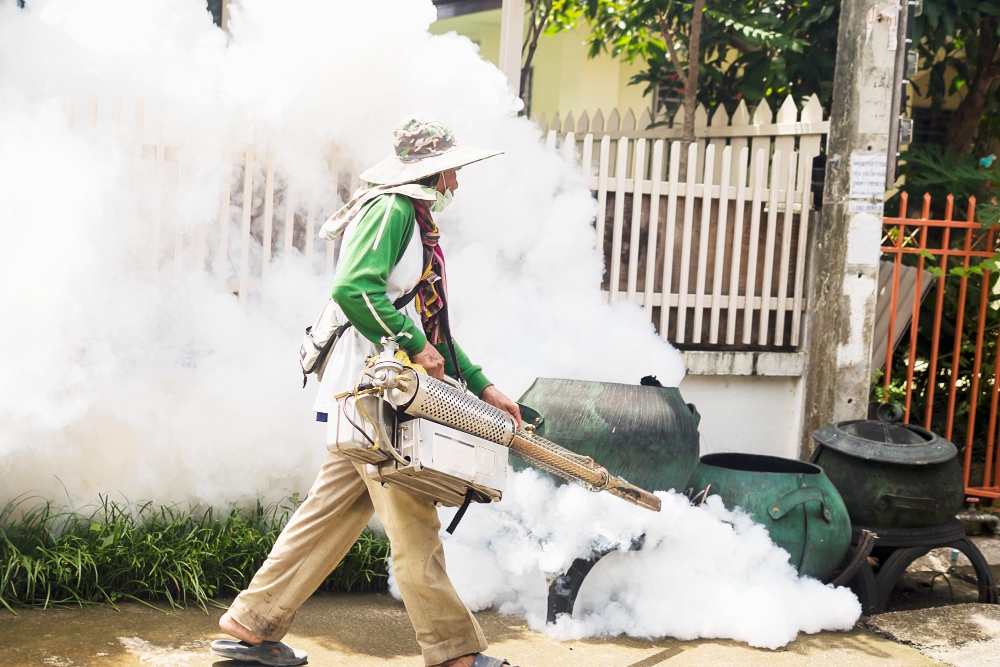 Trabajador utilizando una máquina de niebla térmica para el control de mosquitos