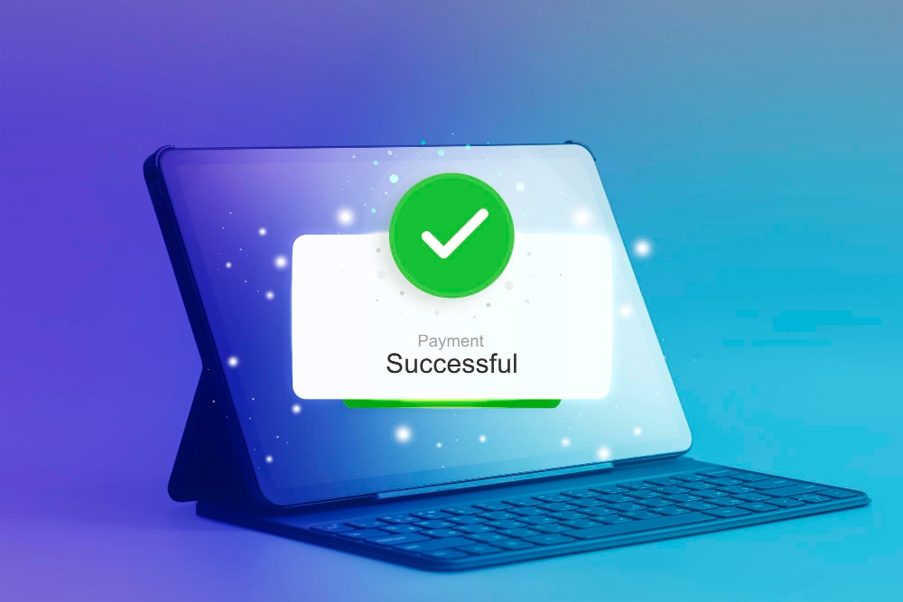 Tablet displaying successful payment confirmation screen
