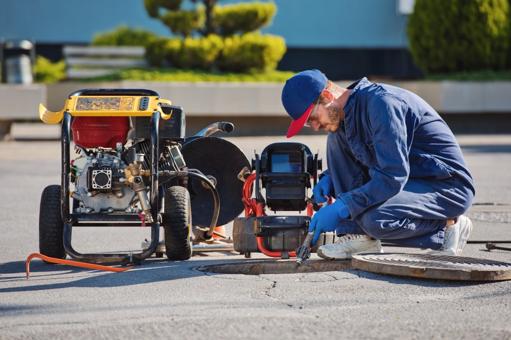 Technician using sewer camera to check underground line