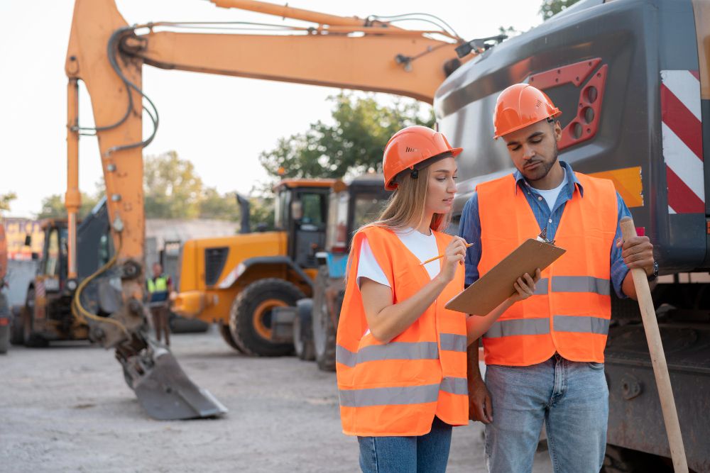 Construction workers operating on active building site