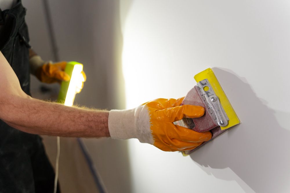 Construction worker wearing protective gloves before painting work
