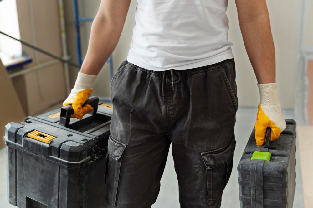 Construction worker carrying organized tool containers