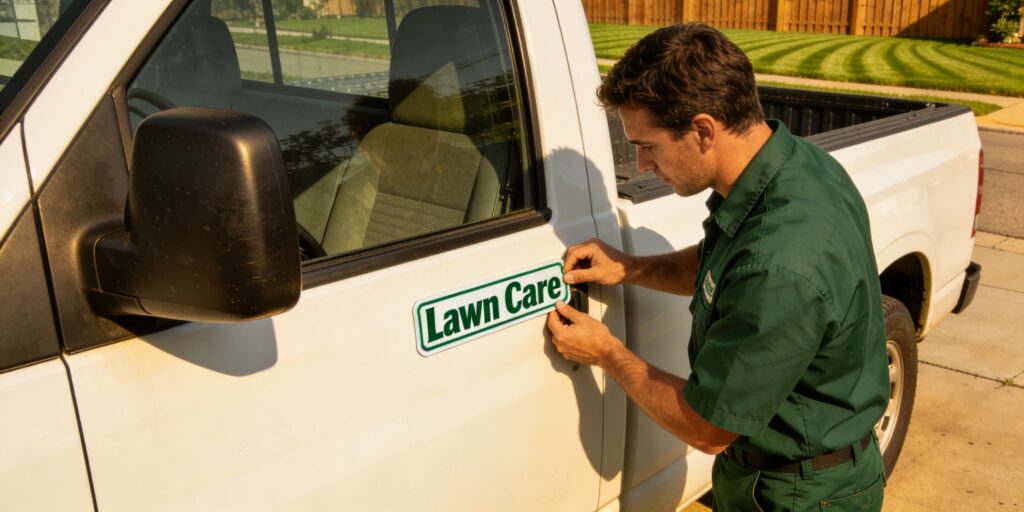 worker applying lawn care business name magnet to truck