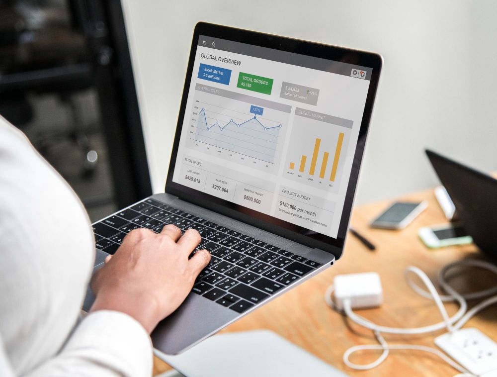 Business owner reviewing pest control SEO analytics on laptop