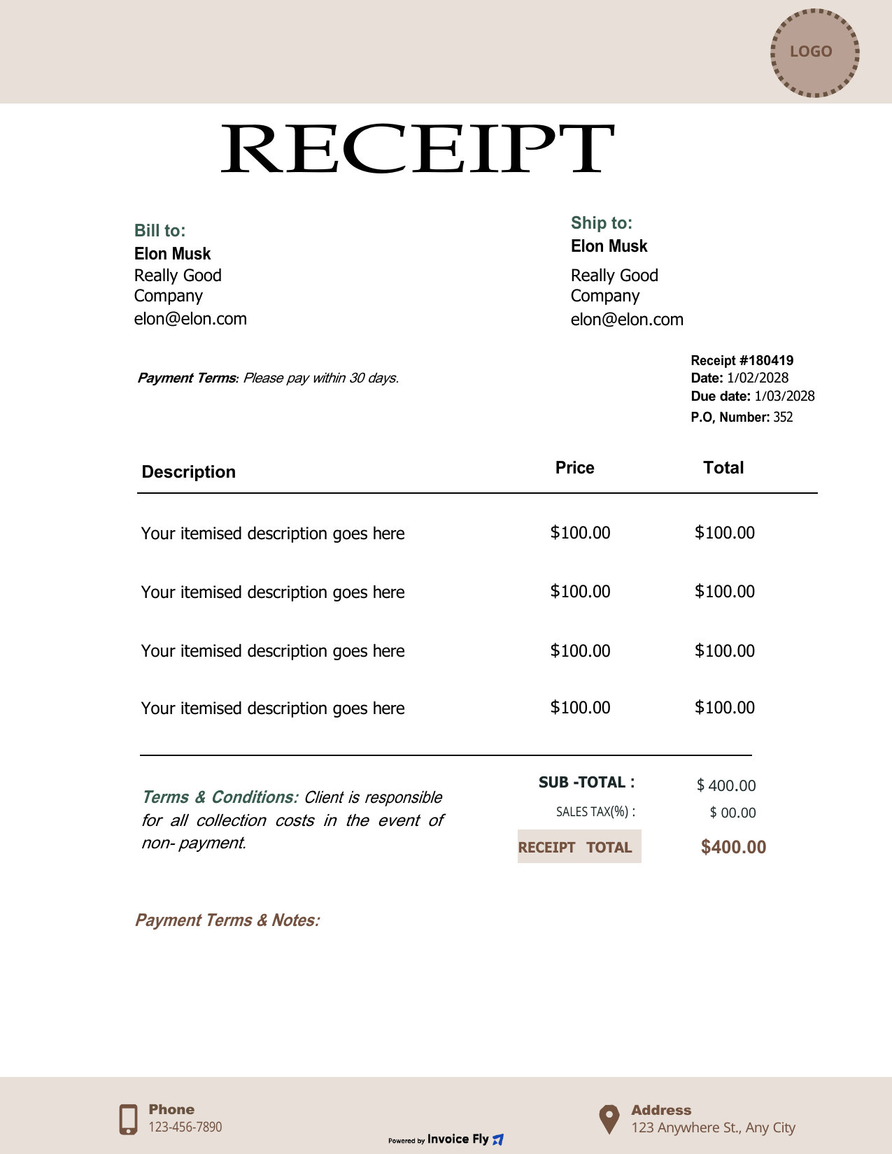 Classic Beige Brown Receipt Template