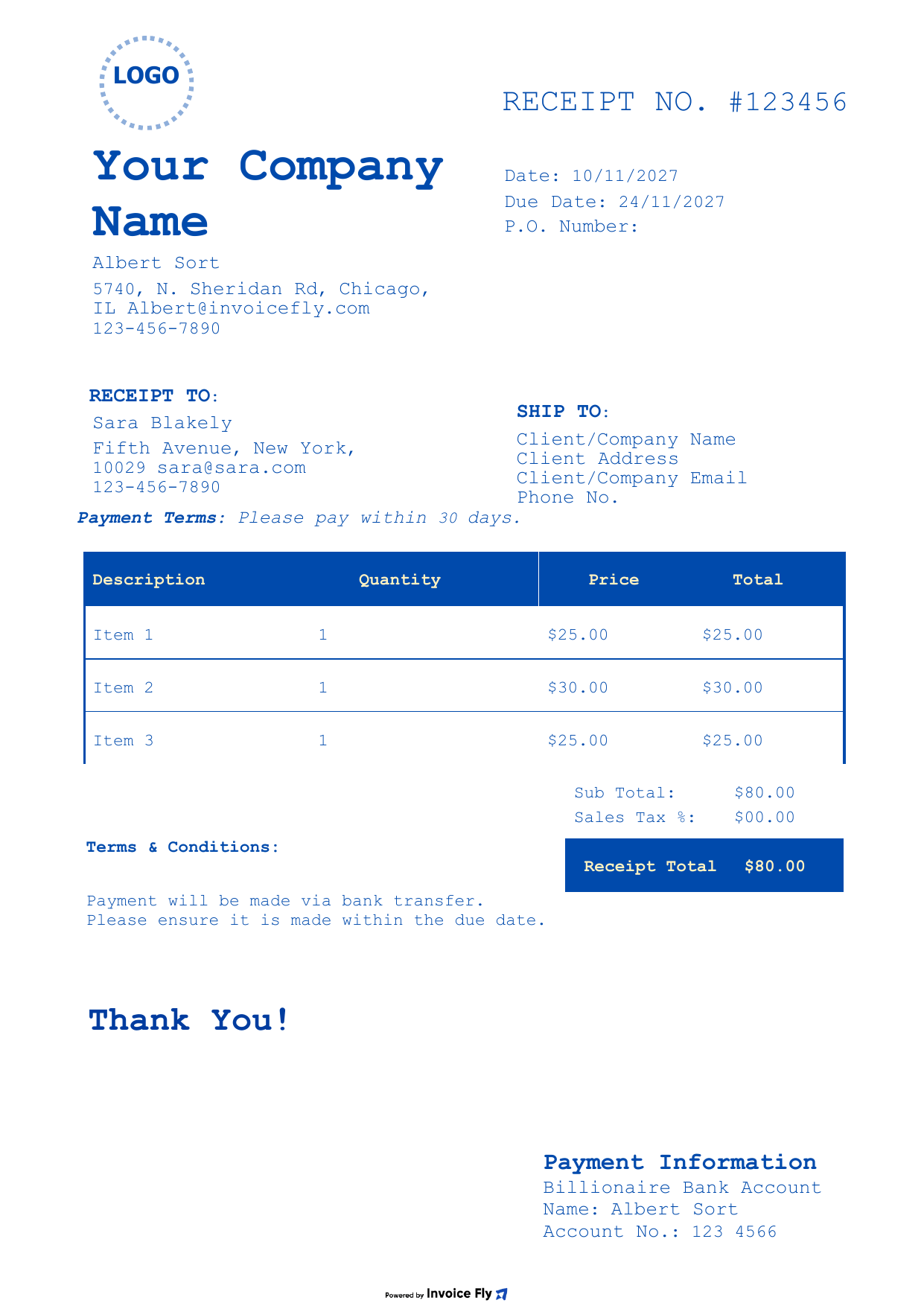Classic Blue Receipt Template