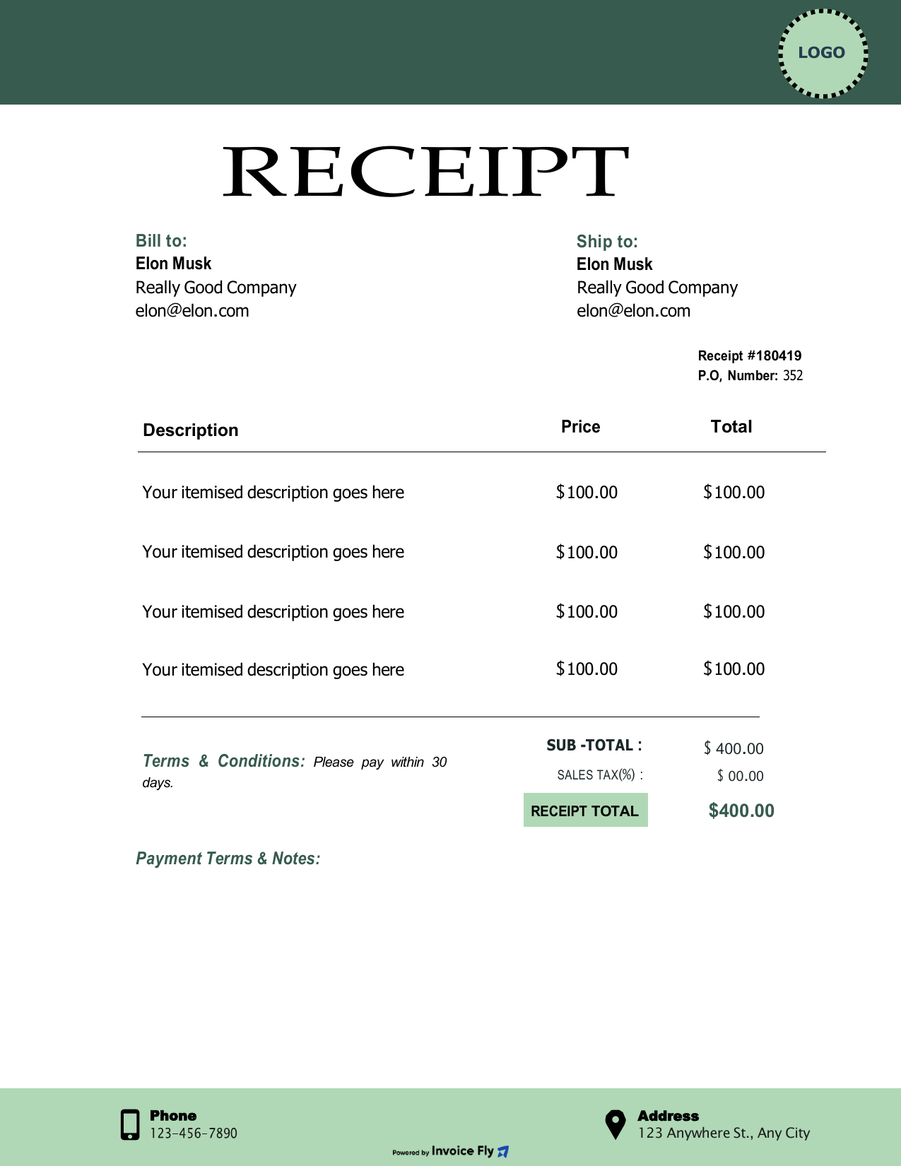 Classic Forest Green Receipt Template