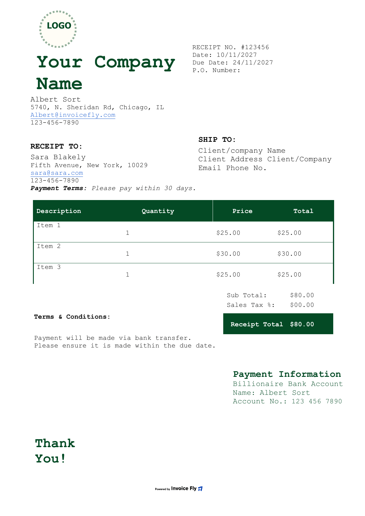 Classic Green & Beige Receipt Template