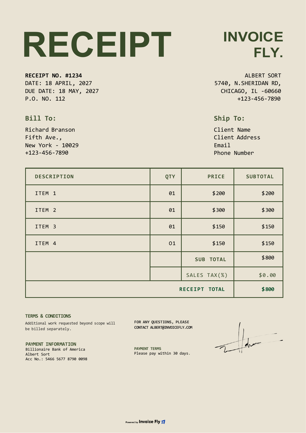 Classic Olive Green Receipt Template