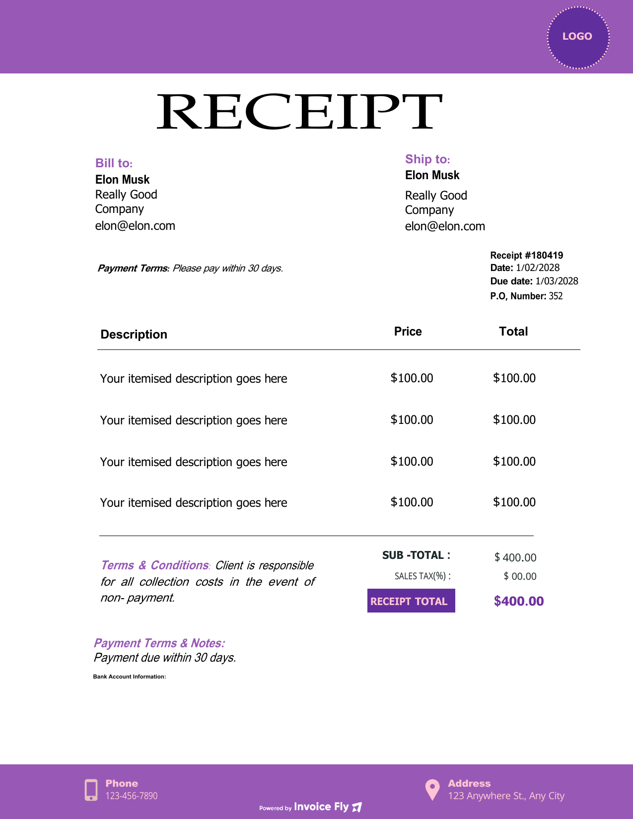 Classic Purple Receipt Template