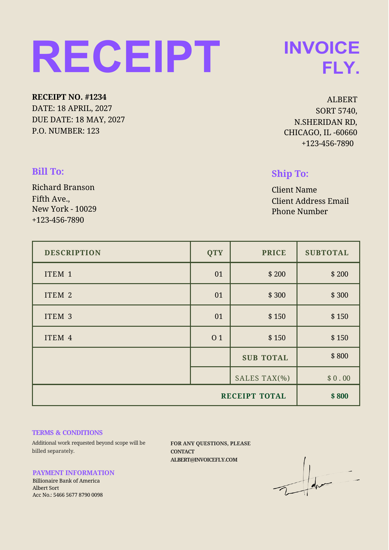 Classic Purplish Receipt Template