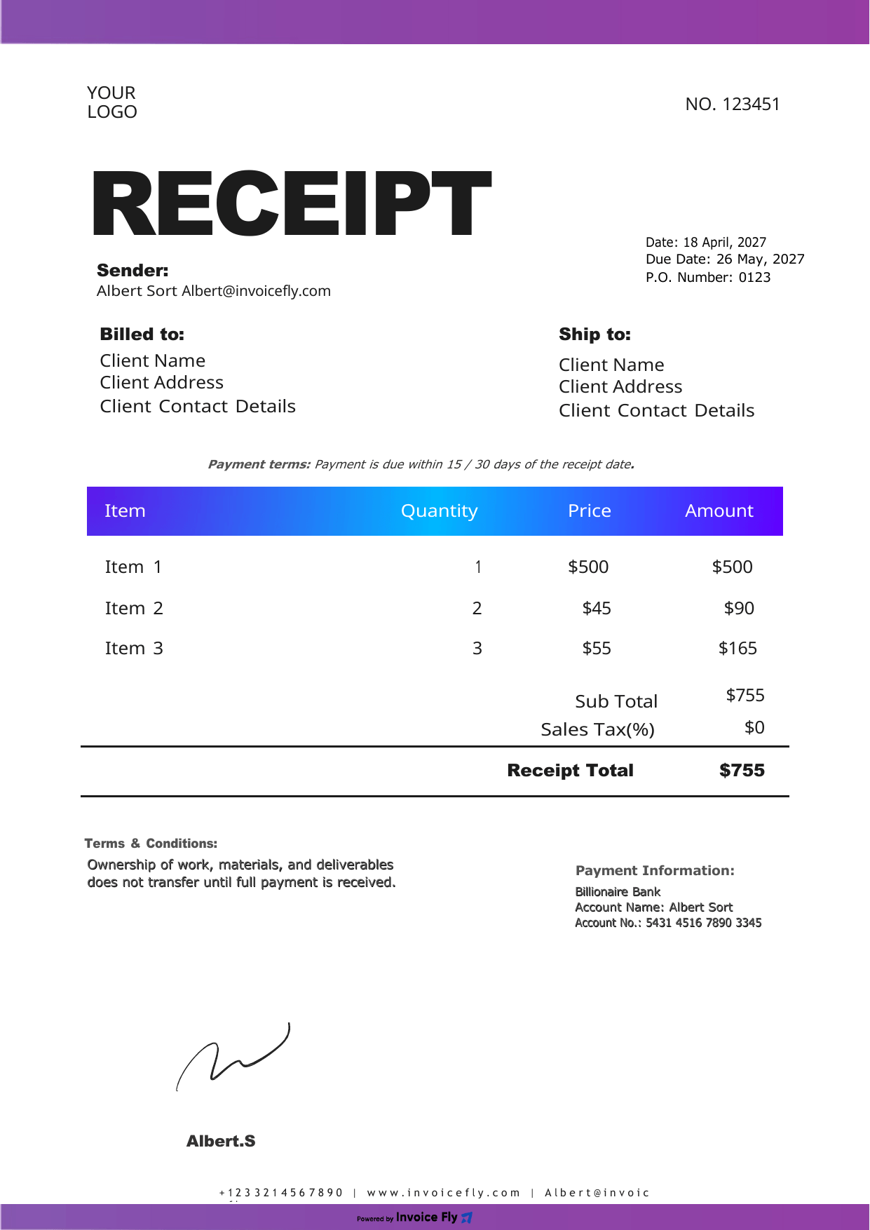 Clean Gradient Purple Receipt Template