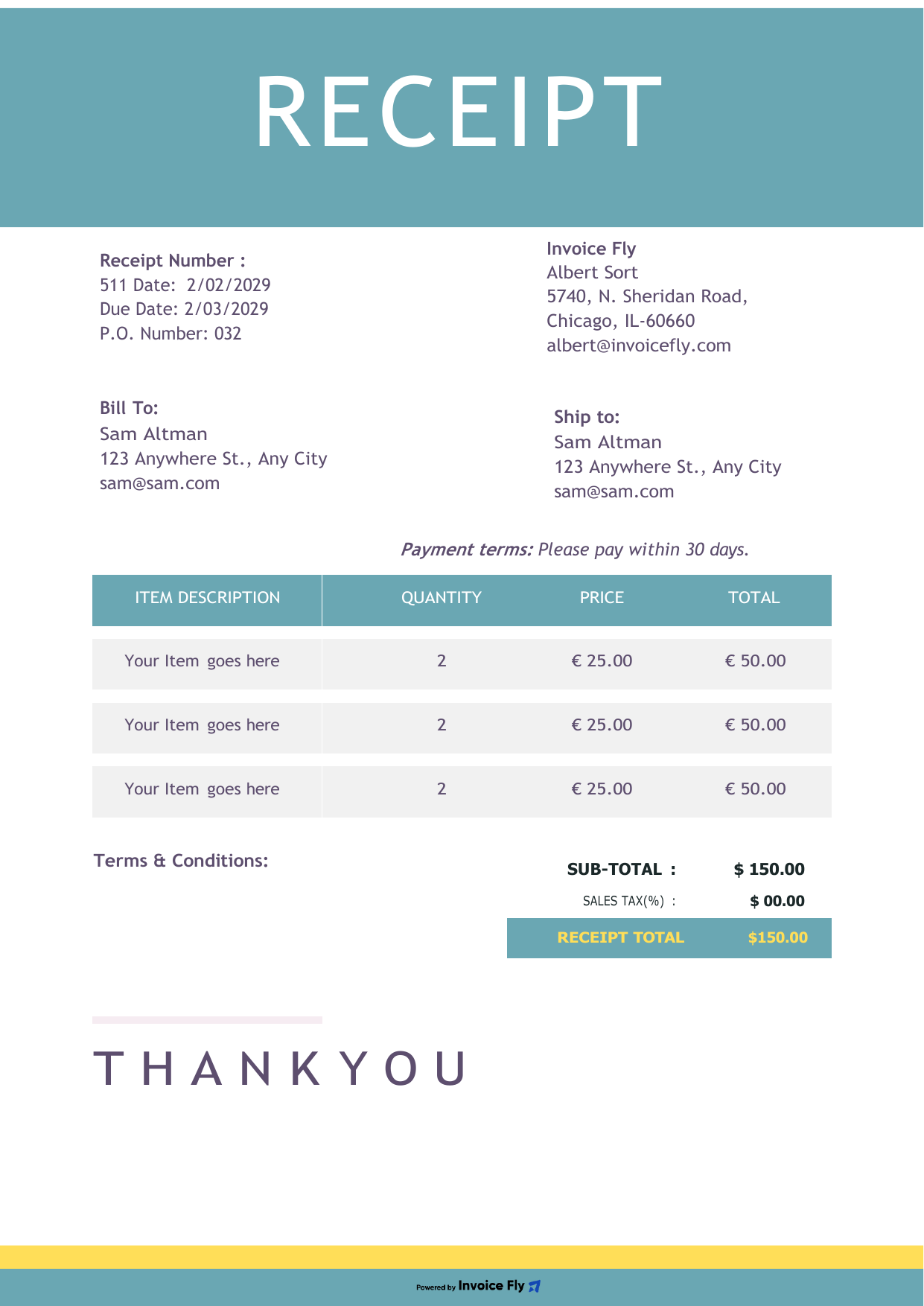 Clean Teal & Yellow Receipt Template