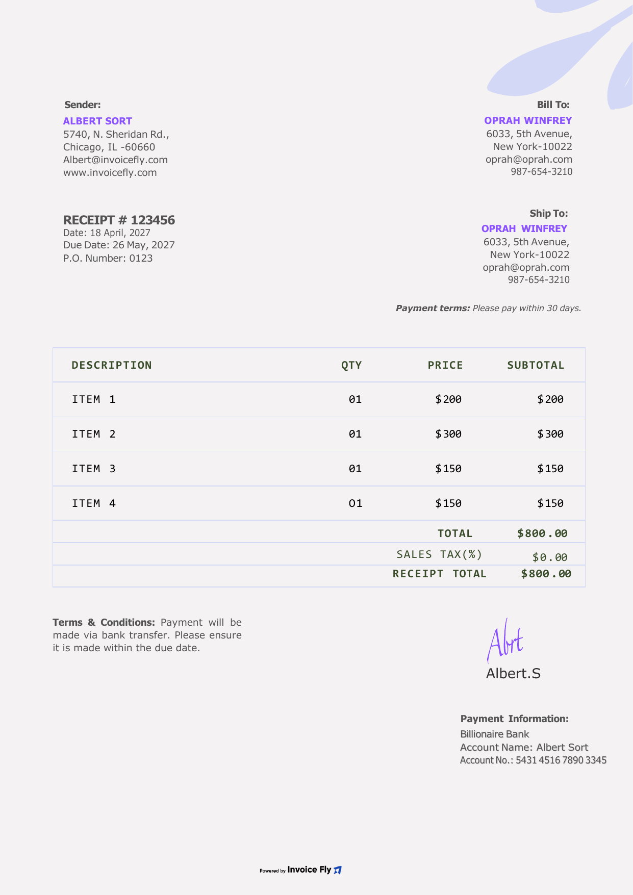 Floral Purple Receipt Template