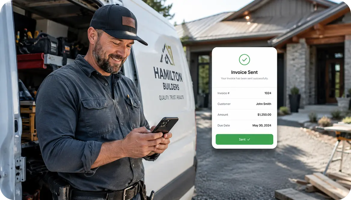 Business owner invoicing from the Invoice Fly app on site