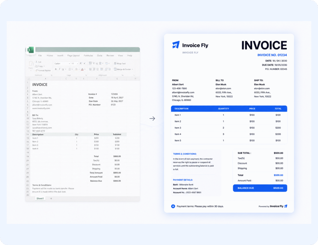 A manual Excel invoice turning into a neat and professional invoice