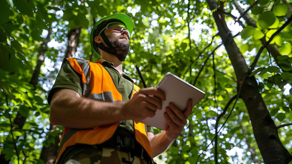 Arborist using a tablet during a tree inspection