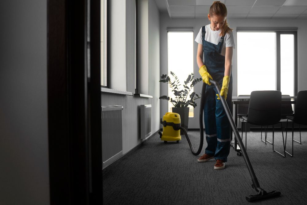 office cleaner vacuuming carpeted hallway as part of daily cleaning duties