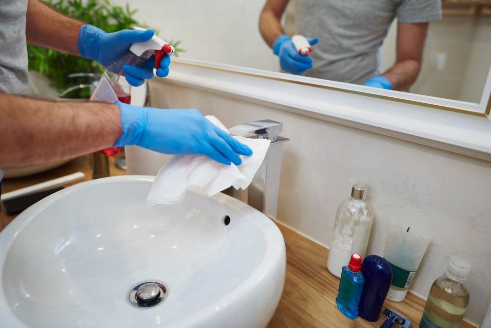 commercial cleaning technician disinfecting restroom sinks and fixtures