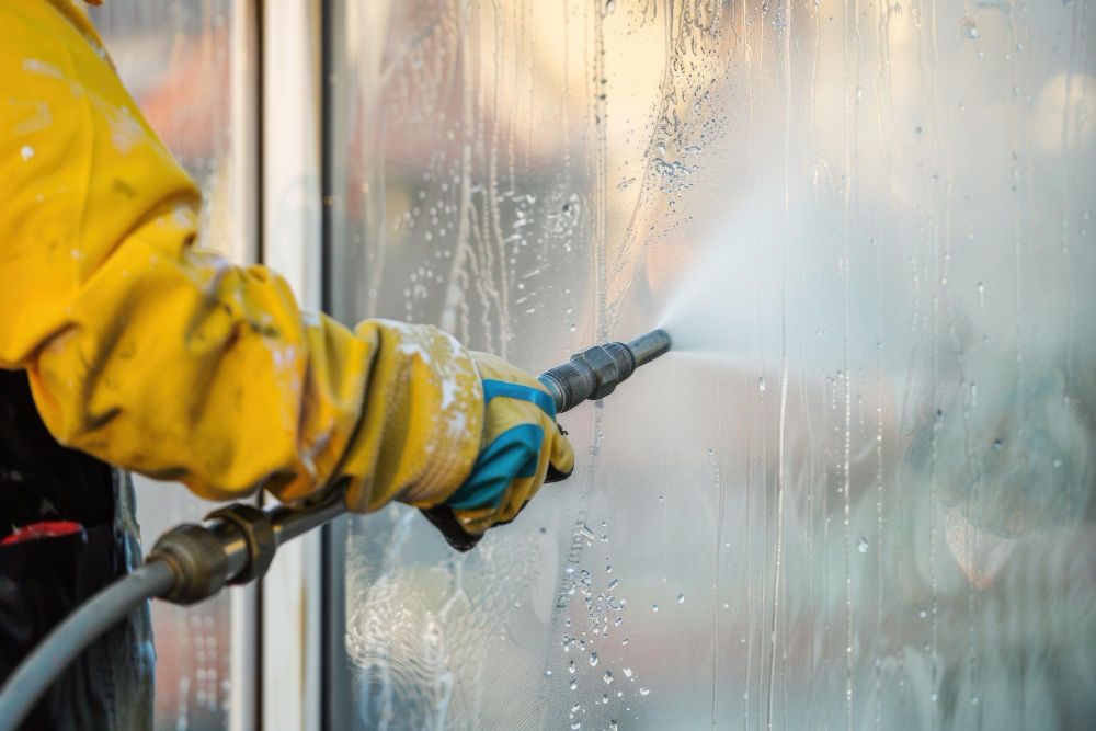 Professional cleaning exterior windows with a water-fed pole