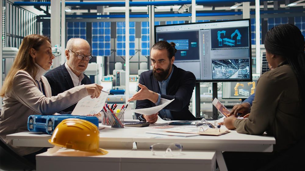 Engineers collaborating on project planning and technical documentation