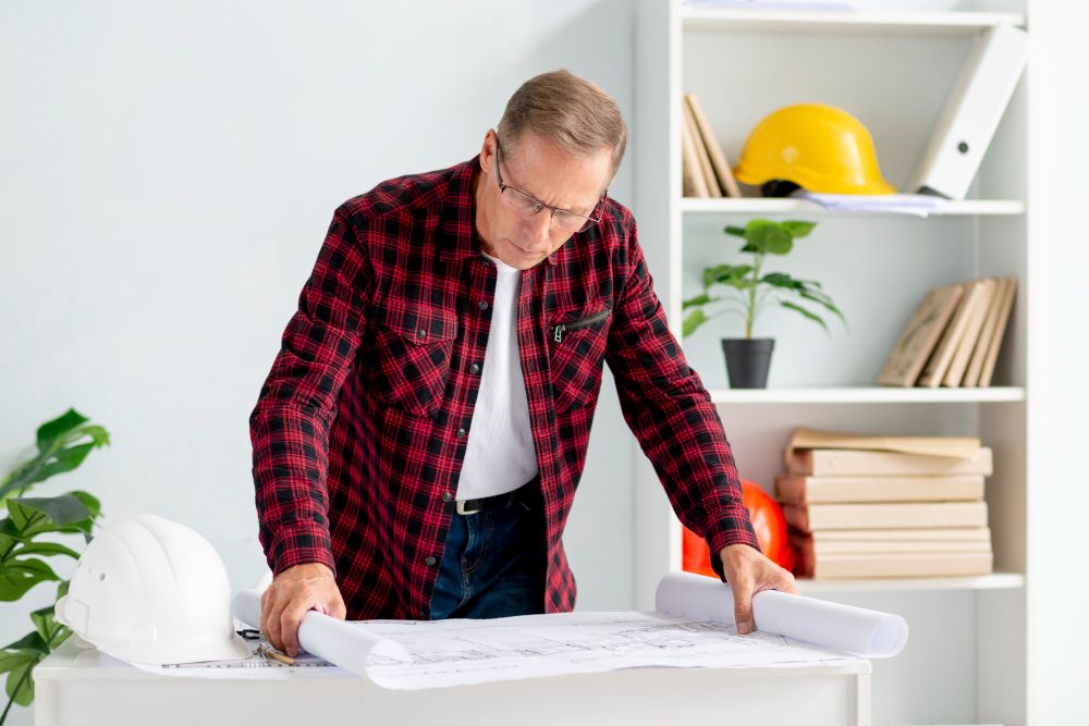 general contractor reviewing blueprints and project cost estimates