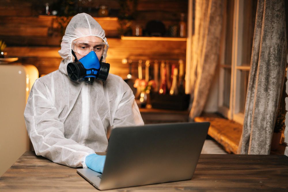 Pest control business owner managing marketing on a laptop