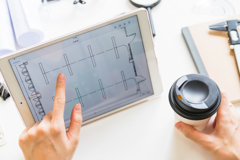 contractor reviewing plumbing layout and pipe design in drawing app on tablet