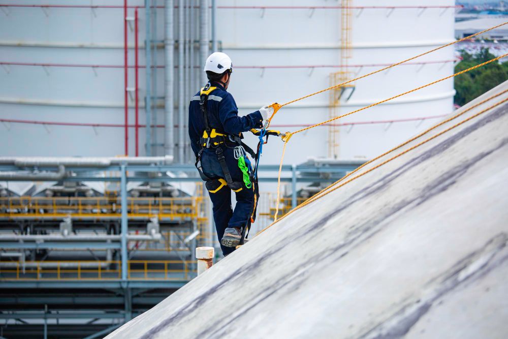 Roof worker using a safety harness while working at height