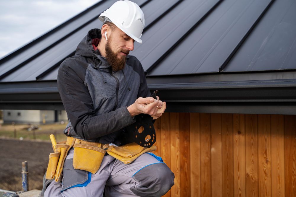 Roofing contractor wearing a safety helmet while working on a residential roof