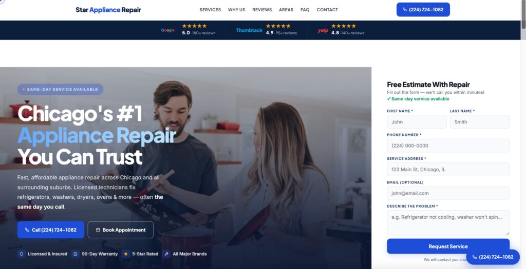 Example of a professional appliance repair company website homepage