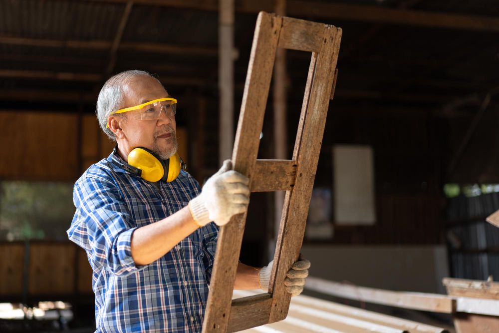 Carpenter repairing a damaged wooden window frame