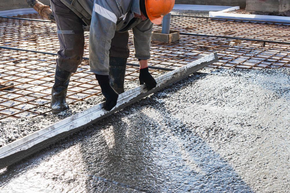 Worker leveling freshly poured concrete