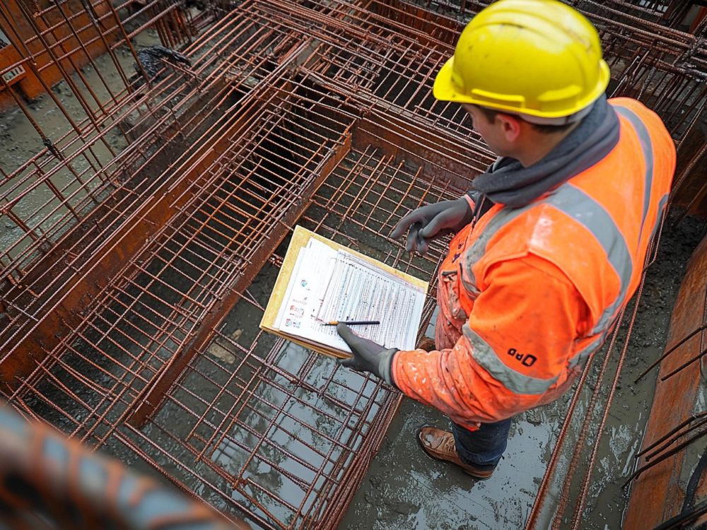 Civil engineer inspecting a concrete foundation on site